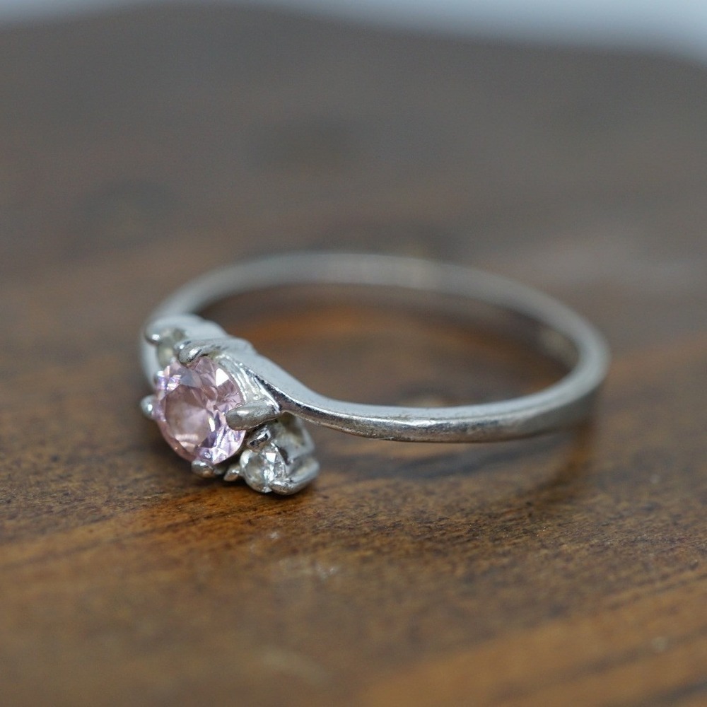 RSC Sterling Silver Pink Stone Bypass Ring Size 7.75 925 Clear Accents